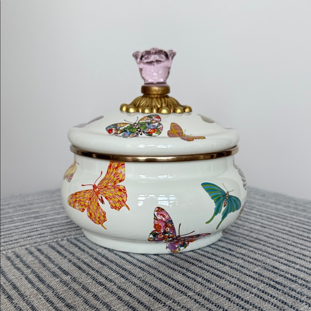 Mackenzie Childs White Butterfly Garden Squashed Pot. Rare, retired.